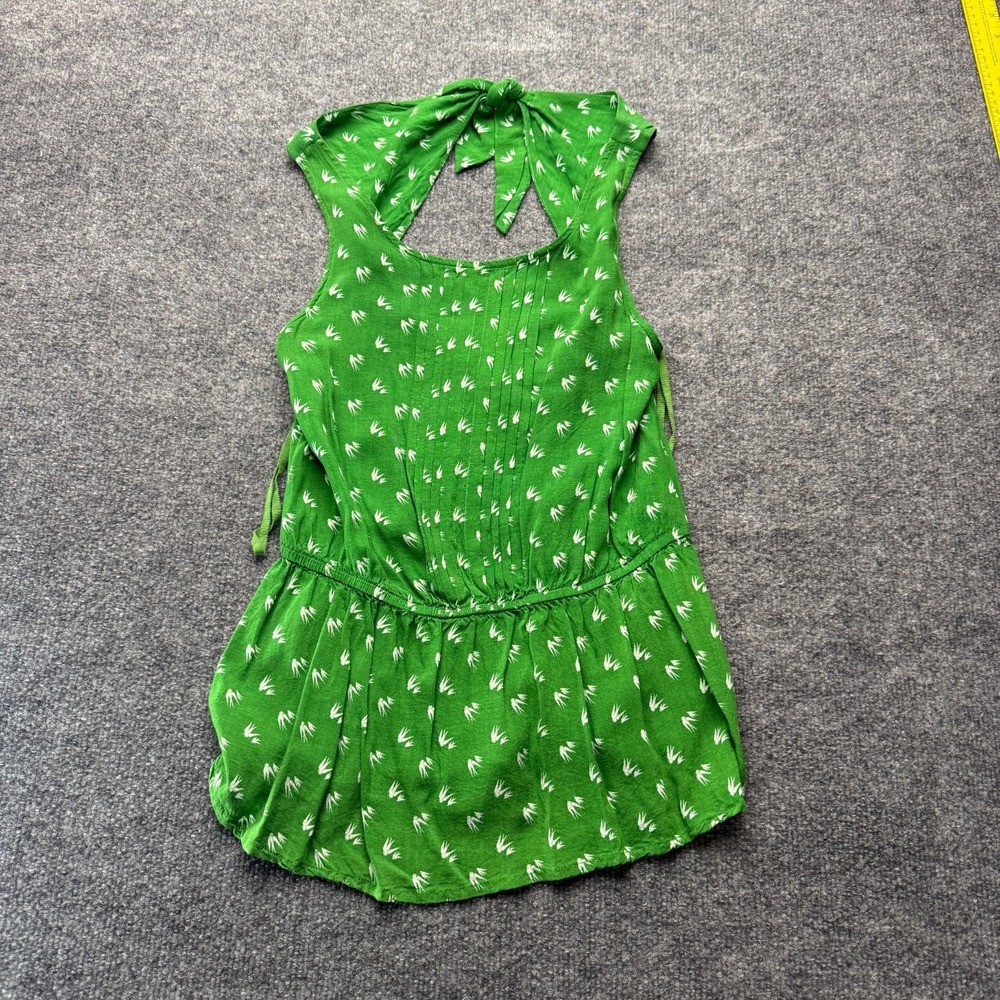 Anthropologie Vanessa Virginia Green Bird Print Blouse 2 Tie Back Peplum Top